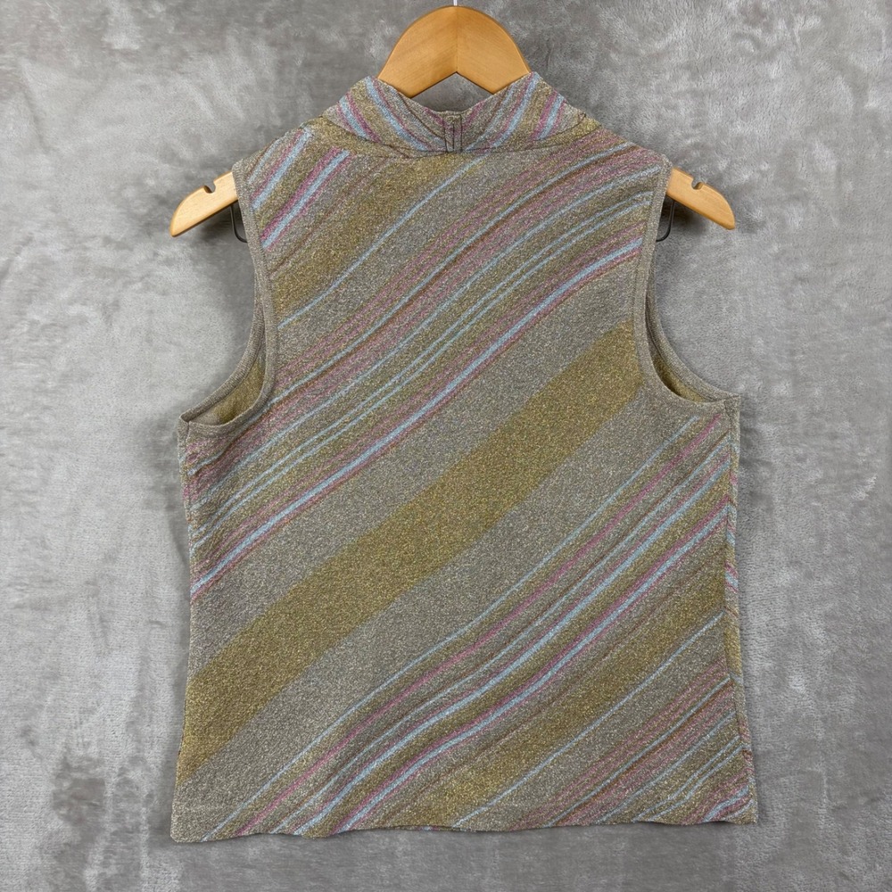 Ramy Brook Top Womens L Knit Metallic Gold Striped V Neck Sleeveless Party Retro - Picture 2 of 9